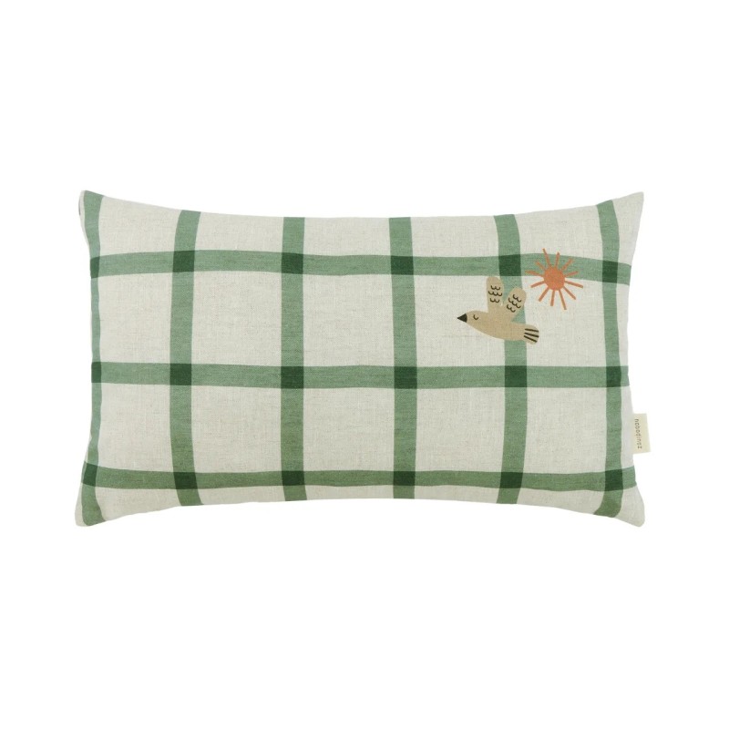 Lino Embroids rectangular cushion - Green windowpane bird NOBODINOZ Lino Embroids rectangular cushion - Green windowpane bird NOBODINOZ