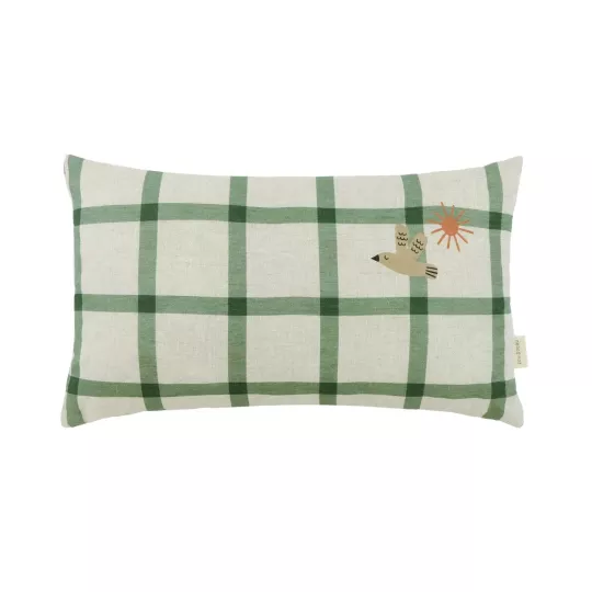 Lino Embroids rectangular cushion - Green windowpane bird NOBODINOZ