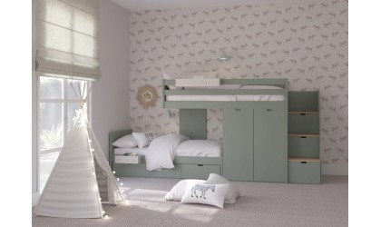Children's train bed with storage, wardrobe, drawers, or extra bed.