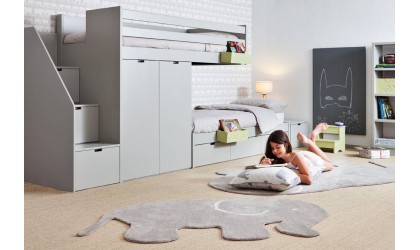 Children's train bed with storage, wardrobe, drawers, or extra bed.