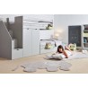 Children's train bed with storage, wardrobe, drawers, or extra bed.