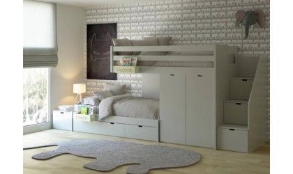 Children's train bed with storage, wardrobe, drawers, or extra bed.