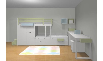 Children's train bed with storage, wardrobe, drawers, or extra bed.