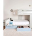 Children's train bed with storage, wardrobe, drawers, or extra bed.