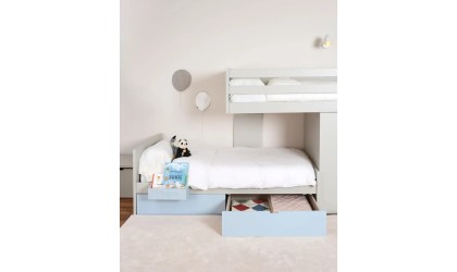 Children's train bed with storage, wardrobe, drawers, or extra bed.