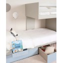 Children's train bed with storage, wardrobe, drawers, or extra bed.