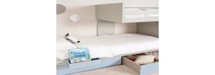 Children's train bed with storage, wardrobe, drawers, or extra bed.