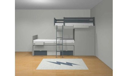 Children's train bed with storage, wardrobe, drawers, or extra bed.