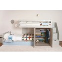 Children's train bed with storage, wardrobe, drawers, or extra bed.