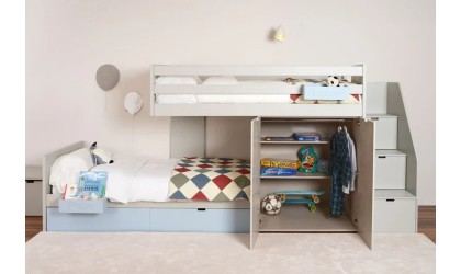 Children's train bed with storage, wardrobe, drawers, or extra bed.