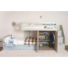 Children's train bed with storage, wardrobe, drawers, or extra bed.