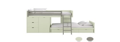 Children's train bed with storage, wardrobe, drawers, or extra bed.