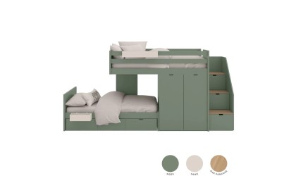 Children's train bed with storage, wardrobe, drawers, or extra bed.
