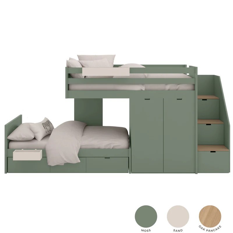 Children's train bed with storage, wardrobe, drawers, or extra bed.