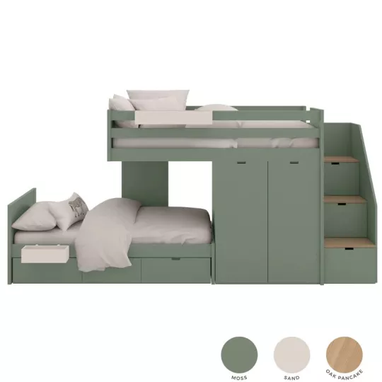 Children's train bed with storage, wardrobe, drawers, or extra bed.