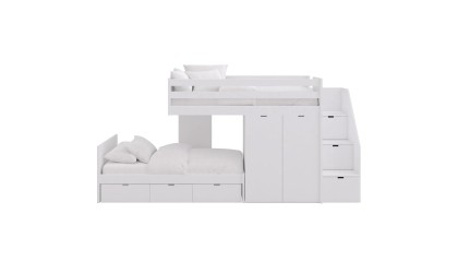 Children's train bed with storage, wardrobe, drawers, or extra bed.
