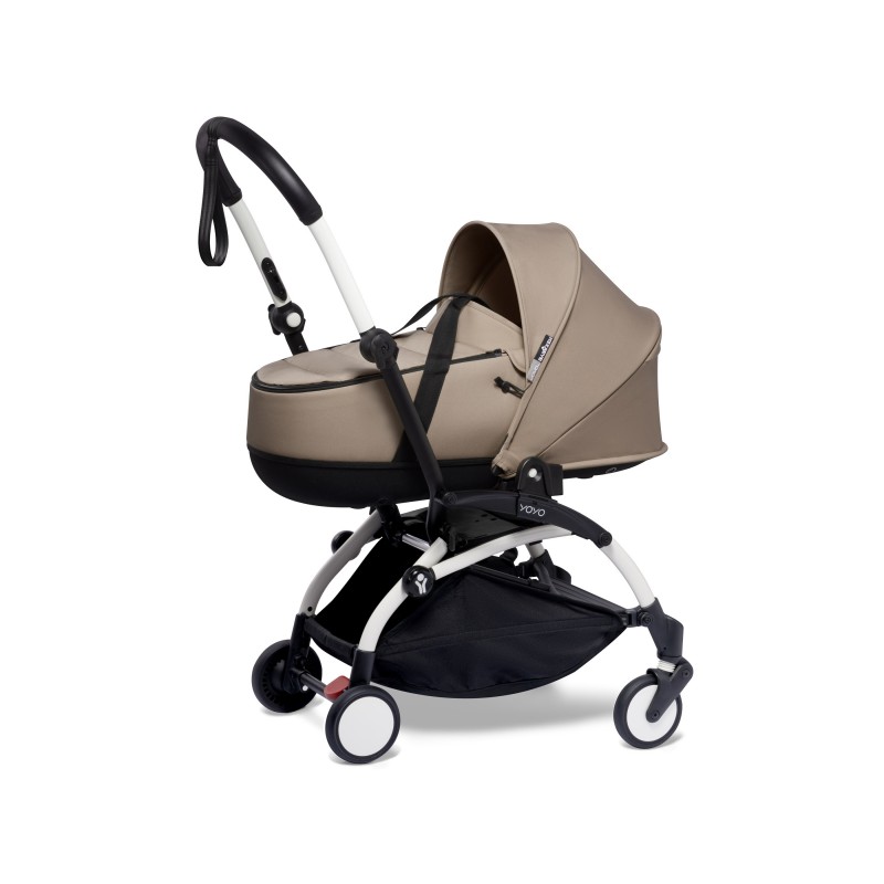 Poussette YOYO3 nouveau-né Nacelle Taupe, Châssis Blanc Poussette YOYO3 nouveau-né Nacelle Taupe, Châssis Blanc